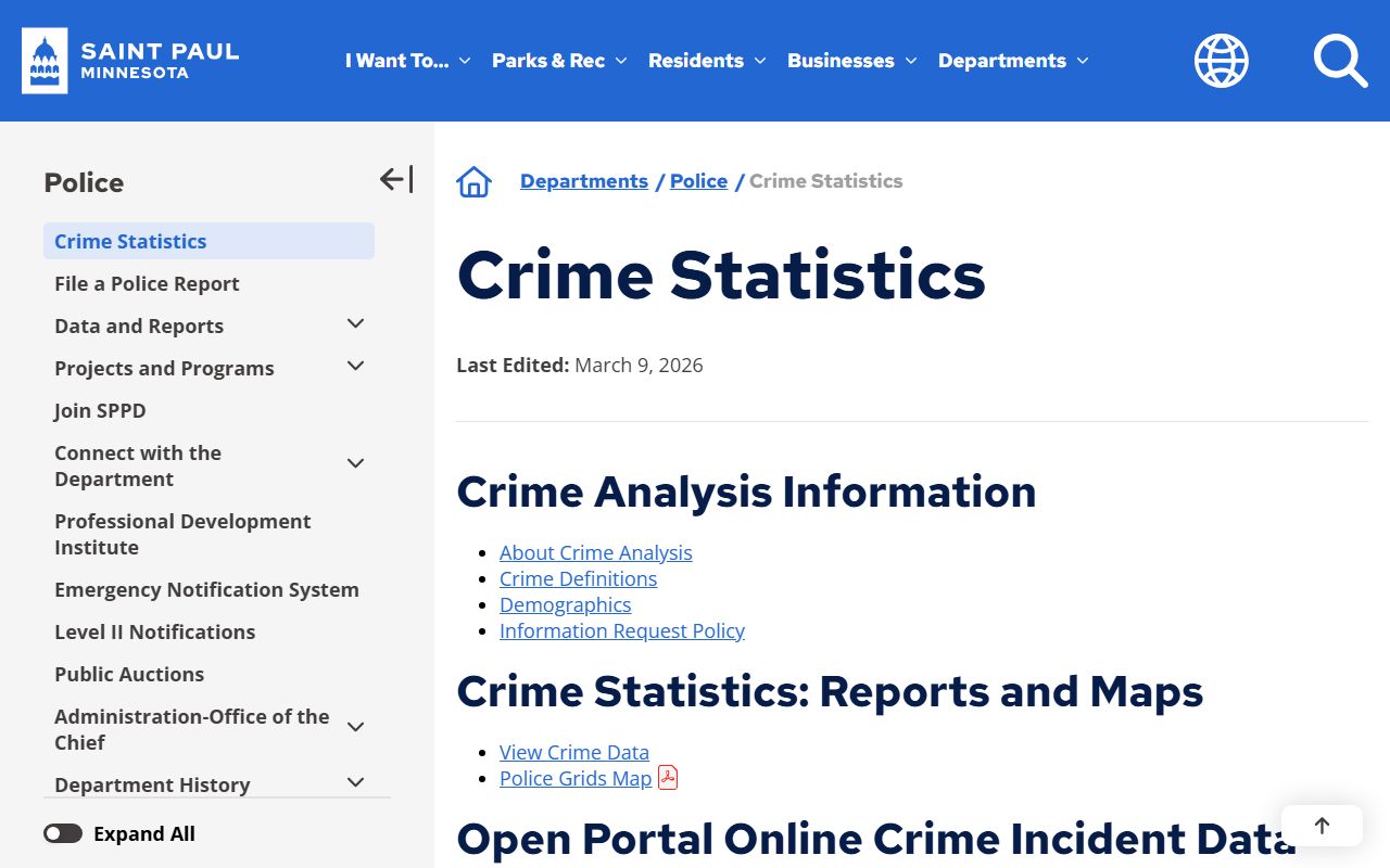 St. Paul Minnesota public records police department crime statistics page