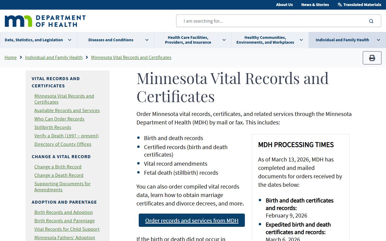 Minnesota Department of Health MDH vital records public records search