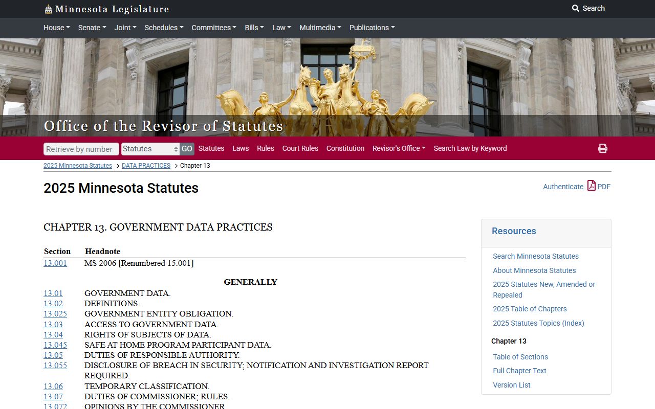 Minnesota Statutes Chapter 13 Government Data Practices Act public records